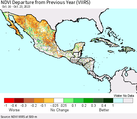 Mexico Central America and the Caribbean NDVI Departure from Previous Year (VIIRS) Thematic Map For 10/16/2023 - 10/23/2023