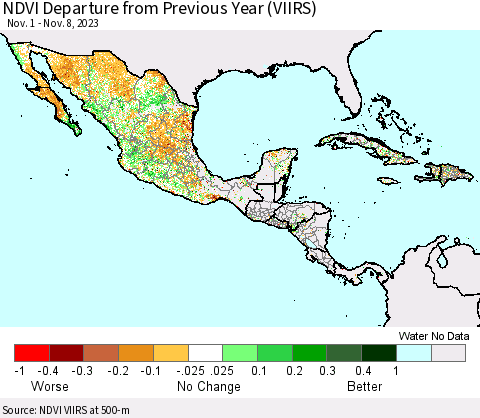Mexico Central America and the Caribbean NDVI Departure from Previous Year (VIIRS) Thematic Map For 11/1/2023 - 11/8/2023