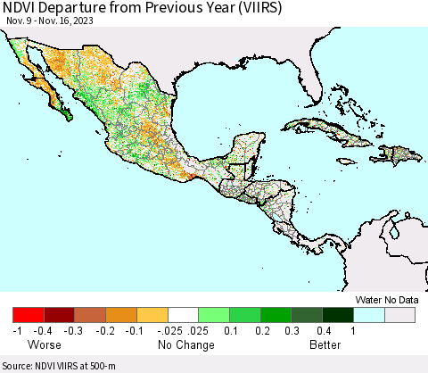 Mexico Central America and the Caribbean NDVI Departure from Previous Year (VIIRS) Thematic Map For 11/9/2023 - 11/16/2023