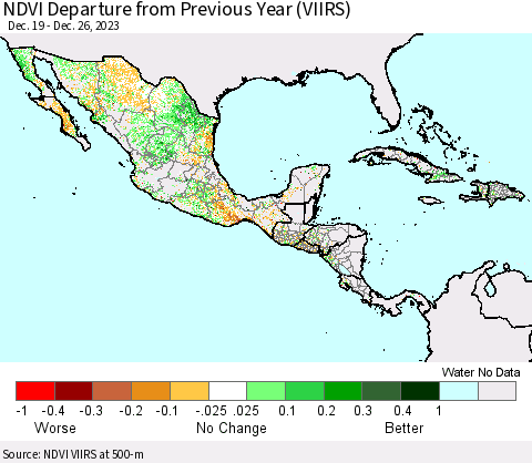 Mexico Central America and the Caribbean NDVI Departure from Previous Year (VIIRS) Thematic Map For 12/19/2023 - 12/26/2023