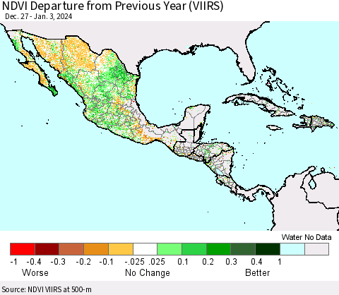 Mexico Central America and the Caribbean NDVI Departure from Previous Year (VIIRS) Thematic Map For 12/27/2023 - 1/3/2024