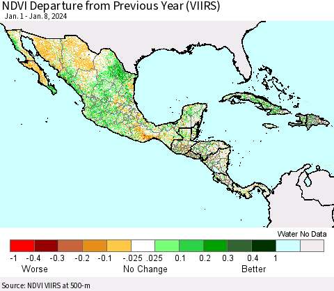 Mexico Central America and the Caribbean NDVI Departure from Previous Year (VIIRS) Thematic Map For 1/1/2024 - 1/8/2024