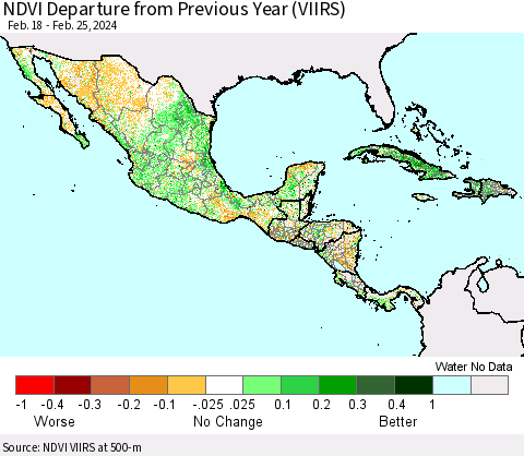 Mexico Central America and the Caribbean NDVI Departure from Previous Year (VIIRS) Thematic Map For 2/18/2024 - 2/25/2024