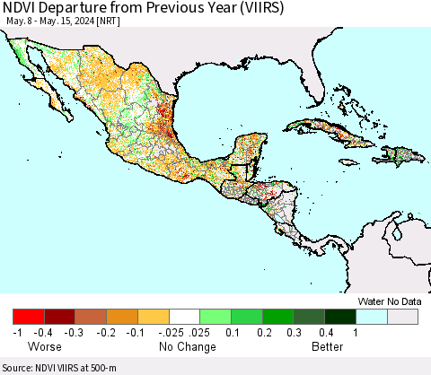 Mexico Central America and the Caribbean NDVI Departure from Previous Year (VIIRS) Thematic Map For 5/8/2024 - 5/15/2024