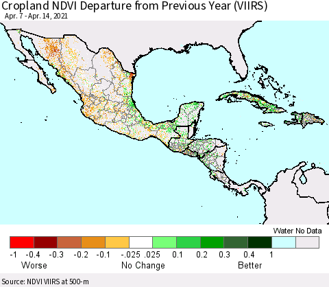 Mexico Central America and the Caribbean Cropland NDVI Departure from Previous Year (VIIRS) Thematic Map For 4/7/2021 - 4/14/2021