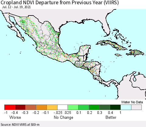 Mexico Central America and the Caribbean Cropland NDVI Departure from Previous Year (VIIRS) Thematic Map For 7/12/2021 - 7/19/2021