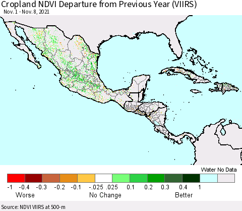 Mexico Central America and the Caribbean Cropland NDVI Departure from Previous Year (VIIRS) Thematic Map For 11/1/2021 - 11/8/2021