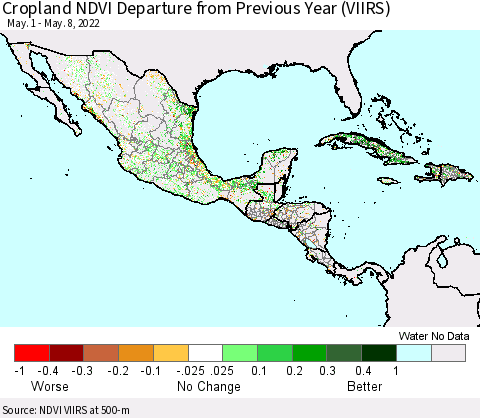 Mexico Central America and the Caribbean Cropland NDVI Departure from Previous Year (VIIRS) Thematic Map For 5/1/2022 - 5/8/2022