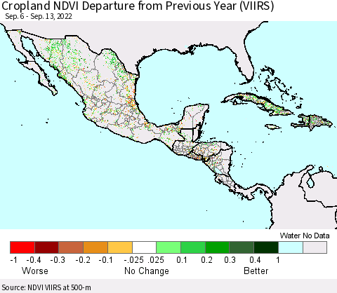 Mexico Central America and the Caribbean Cropland NDVI Departure from Previous Year (VIIRS) Thematic Map For 9/6/2022 - 9/13/2022