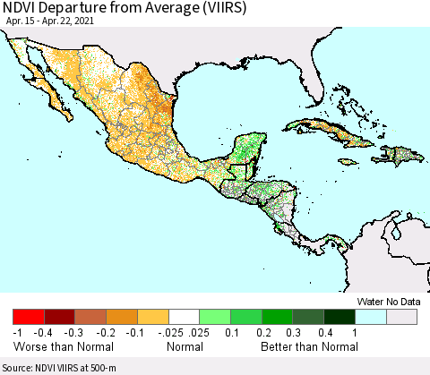 Mexico Central America and the Caribbean NDVI Departure from Average (VIIRS) Thematic Map For 4/15/2021 - 4/22/2021