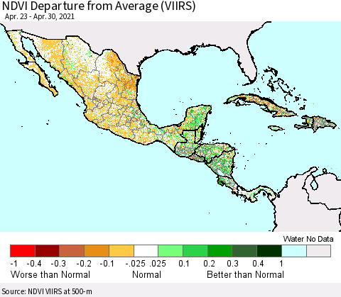 Mexico Central America and the Caribbean NDVI Departure from Average (VIIRS) Thematic Map For 4/23/2021 - 4/30/2021