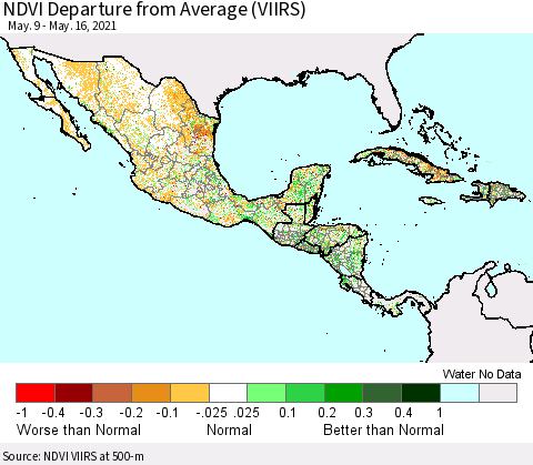 Mexico Central America and the Caribbean NDVI Departure from Average (VIIRS) Thematic Map For 5/9/2021 - 5/16/2021