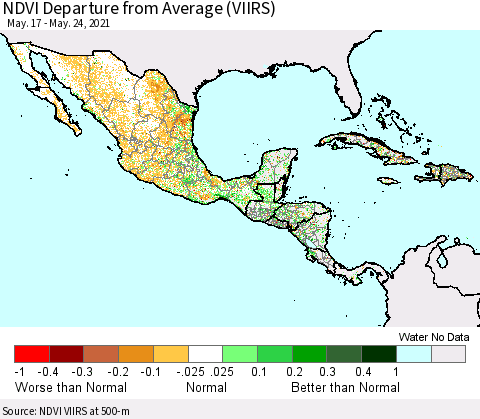 Mexico Central America and the Caribbean NDVI Departure from Average (VIIRS) Thematic Map For 5/17/2021 - 5/24/2021