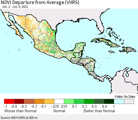 Mexico Central America and the Caribbean NDVI Departure from Average (VIIRS) Thematic Map For 6/2/2021 - 6/9/2021