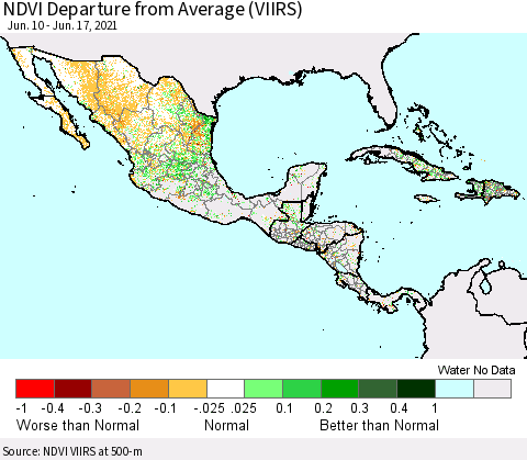 Mexico Central America and the Caribbean NDVI Departure from Average (VIIRS) Thematic Map For 6/10/2021 - 6/17/2021