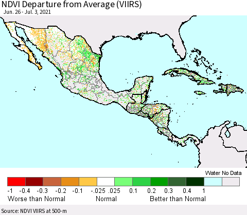 Mexico Central America and the Caribbean NDVI Departure from Average (VIIRS) Thematic Map For 6/26/2021 - 7/3/2021