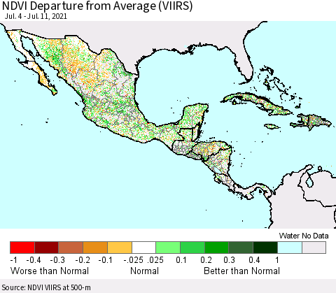 Mexico Central America and the Caribbean NDVI Departure from Average (VIIRS) Thematic Map For 7/4/2021 - 7/11/2021