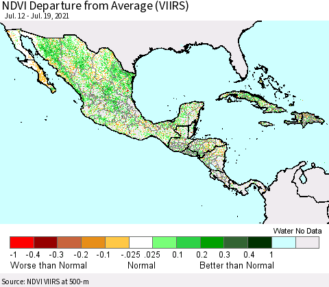 Mexico Central America and the Caribbean NDVI Departure from Average (VIIRS) Thematic Map For 7/12/2021 - 7/19/2021
