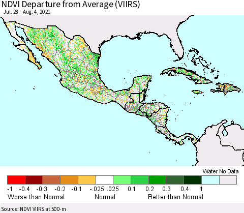 Mexico Central America and the Caribbean NDVI Departure from Average (VIIRS) Thematic Map For 7/28/2021 - 8/4/2021