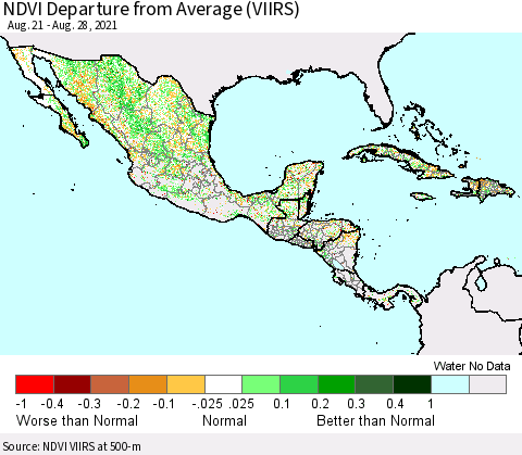Mexico Central America and the Caribbean NDVI Departure from Average (VIIRS) Thematic Map For 8/21/2021 - 8/28/2021