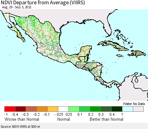 Mexico Central America and the Caribbean NDVI Departure from Average (VIIRS) Thematic Map For 8/29/2021 - 9/5/2021