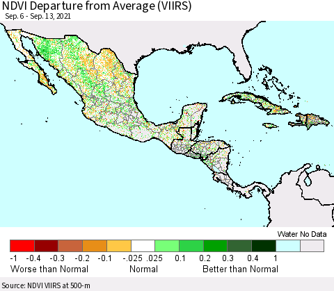 Mexico Central America and the Caribbean NDVI Departure from Average (VIIRS) Thematic Map For 9/6/2021 - 9/13/2021