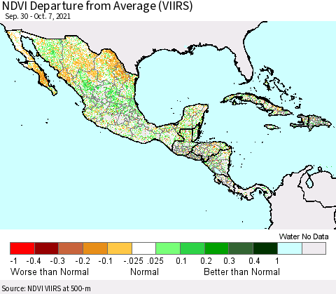 Mexico Central America and the Caribbean NDVI Departure from Average (VIIRS) Thematic Map For 9/30/2021 - 10/7/2021