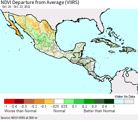 Mexico Central America and the Caribbean NDVI Departure from Average (VIIRS) Thematic Map For 10/16/2021 - 10/23/2021
