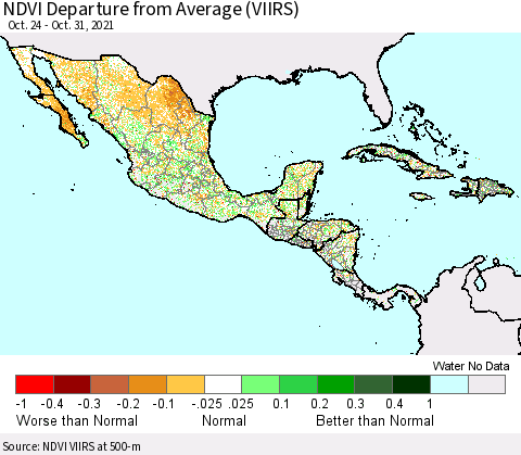 Mexico Central America and the Caribbean NDVI Departure from Average (VIIRS) Thematic Map For 10/24/2021 - 10/31/2021