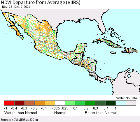 Mexico Central America and the Caribbean NDVI Departure from Average (VIIRS) Thematic Map For 11/25/2021 - 12/2/2021