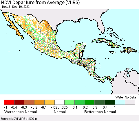 Mexico Central America and the Caribbean NDVI Departure from Average (VIIRS) Thematic Map For 12/3/2021 - 12/10/2021