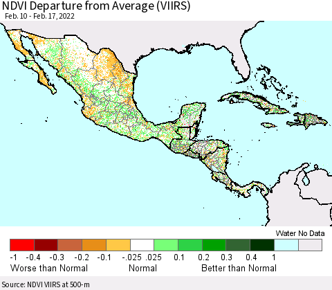 Mexico Central America and the Caribbean NDVI Departure from Average (VIIRS) Thematic Map For 2/10/2022 - 2/17/2022