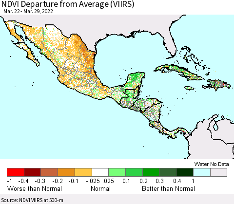Mexico Central America and the Caribbean NDVI Departure from Average (VIIRS) Thematic Map For 3/22/2022 - 3/29/2022