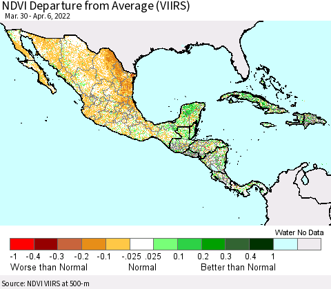 Mexico Central America and the Caribbean NDVI Departure from Average (VIIRS) Thematic Map For 3/30/2022 - 4/6/2022