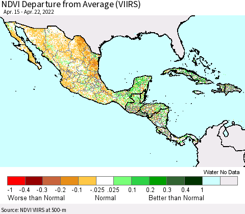 Mexico Central America and the Caribbean NDVI Departure from Average (VIIRS) Thematic Map For 4/15/2022 - 4/22/2022