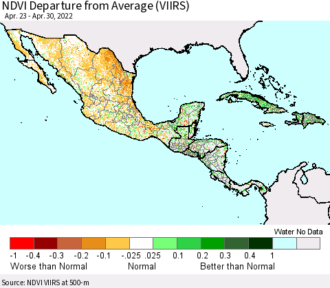 Mexico Central America and the Caribbean NDVI Departure from Average (VIIRS) Thematic Map For 4/23/2022 - 4/30/2022