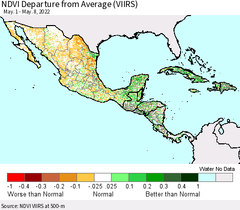 Mexico Central America and the Caribbean NDVI Departure from Average (VIIRS) Thematic Map For 5/1/2022 - 5/8/2022
