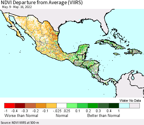 Mexico Central America and the Caribbean NDVI Departure from Average (VIIRS) Thematic Map For 5/9/2022 - 5/16/2022