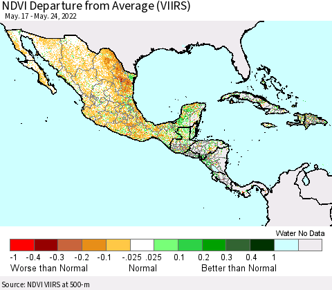Mexico Central America and the Caribbean NDVI Departure from Average (VIIRS) Thematic Map For 5/17/2022 - 5/24/2022