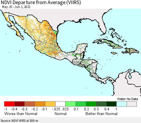 Mexico Central America and the Caribbean NDVI Departure from Average (VIIRS) Thematic Map For 5/25/2022 - 6/1/2022