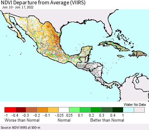 Mexico Central America and the Caribbean NDVI Departure from Average (VIIRS) Thematic Map For 6/10/2022 - 6/17/2022