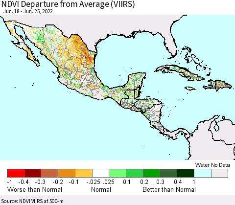 Mexico Central America and the Caribbean NDVI Departure from Average (VIIRS) Thematic Map For 6/18/2022 - 6/25/2022