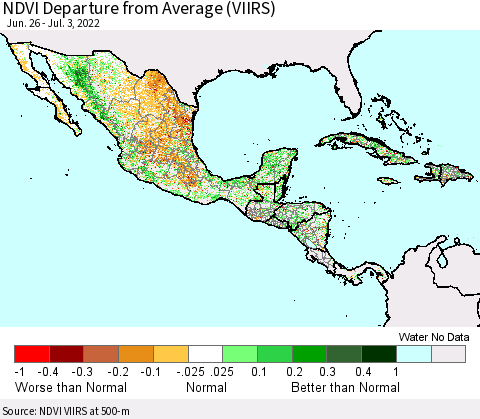 Mexico Central America and the Caribbean NDVI Departure from Average (VIIRS) Thematic Map For 6/26/2022 - 7/3/2022