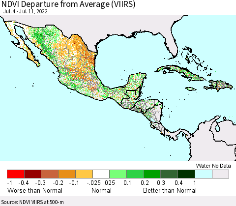 Mexico Central America and the Caribbean NDVI Departure from Average (VIIRS) Thematic Map For 7/4/2022 - 7/11/2022