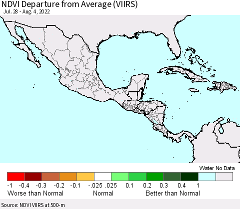 Mexico Central America and the Caribbean NDVI Departure from Average (VIIRS) Thematic Map For 7/28/2022 - 8/4/2022