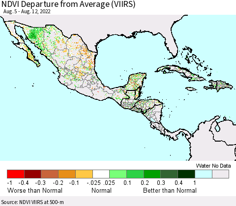 Mexico Central America and the Caribbean NDVI Departure from Average (VIIRS) Thematic Map For 8/5/2022 - 8/12/2022