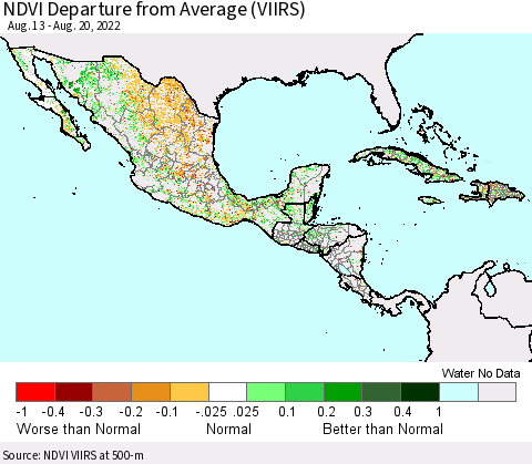 Mexico Central America and the Caribbean NDVI Departure from Average (VIIRS) Thematic Map For 8/13/2022 - 8/20/2022