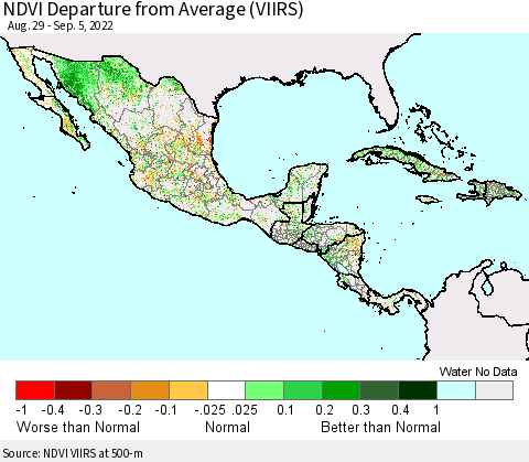 Mexico Central America and the Caribbean NDVI Departure from Average (VIIRS) Thematic Map For 8/29/2022 - 9/5/2022
