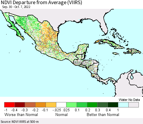 Mexico Central America and the Caribbean NDVI Departure from Average (VIIRS) Thematic Map For 9/30/2022 - 10/7/2022
