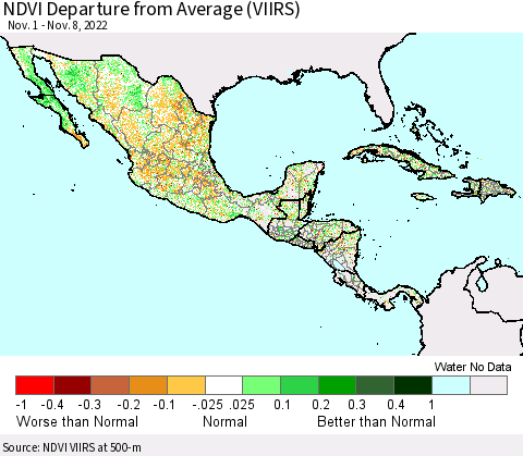 Mexico Central America and the Caribbean NDVI Departure from Average (VIIRS) Thematic Map For 11/1/2022 - 11/8/2022